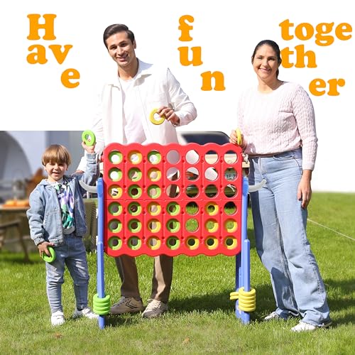 SDADI Height Adjustable Giant 4 in a Row Connect Game, 2-in-1 Jumbo 4-to-Score Game with Ring Toss Game Set, Indoor Outdoor Yard Game Party Game for Kids Adults and Family, Blue - color: Blue