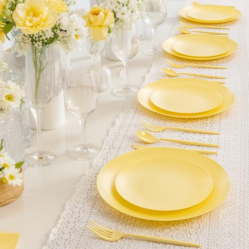 ejonirinjonir EI 150pcs Yellow Plastic Plates,Heavy Duty Bright Disposable Plate,Fancy Plastic Plates for Party,Yellow Dishes for Wedding,Easter,Afternoon Tea Party,Spring - color: Yellow Frosted Plastic Plates