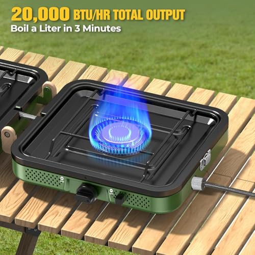 2 Burner Camping Stove, 20000 BTU Propane Camp Stove Portable Folding Gas Travel Stove Camping Essentials Gears Includes Grill,Carrying Bag, Adjustable Burners & Piezo Ignition for Tailgating,BBQ,Camp