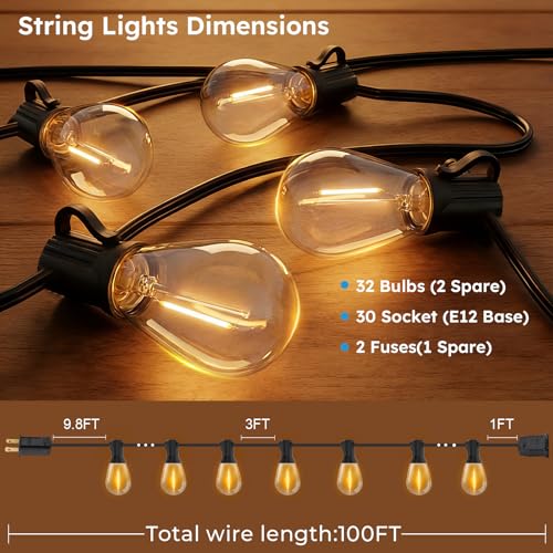 GvvooHome LED Outdoor String Lights, 100FT Waterproof Patio Lights with 32 Shatterproof S11 Plastic Bulbs, 2700K Warm White Edison Hanging Lights for Backyard, Garden, Porch, Bistro - size: 100FT