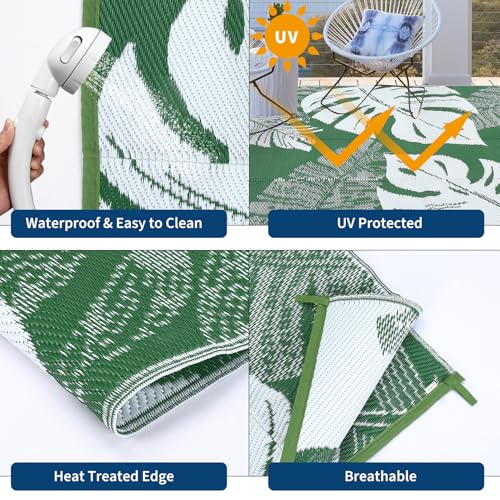 GarveeLife Large Outdoor Rug 9x18 Waterproof Outdoor Plastic Straw Rug, Reversible Patio Rugs Modern Camping Mat with Portable Bag & Stakes, Foldable & UV Resistant Carpet for Yard Deck, Green - color: Leaf|green&white, size: 9' x 18' (Rectangular)
