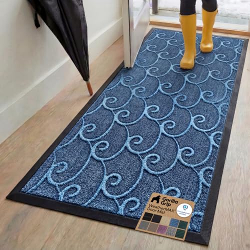 GORILLA GRIP 100% Waterproof All-Season WeatherMAX Doormat, 72x24, US Designed Natural Rubber, Stain and Fade Resistant, Low Profile Indoor Outdoor Door Mats, Easy Clean Patio Mat, Ocean Blue Waves - color: Ocean Blue Waves, size: 72" X 24"