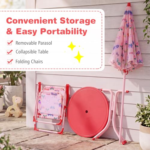 KOTEK Kids Picnic Table with Umbrella, Outdoor Table & 2 Folding Chairs, Cute Pattern Children’s Patio Furniture, Portable Kids Table and Chair Set for Backyard, Garden, Beach (Pink Butterfly) - color: Pink Butterfly
