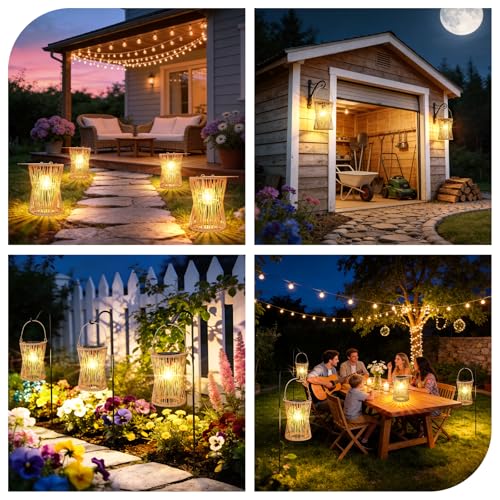 Solar Lanterns Outdoor Waterproof 4 Pack, Upgraded Rattan Hanging Solar Lights for Outside with Handle, Bright Auto On/Off Decorative Outdoor Lanterns for Patio Garden Yard Porch, Gifts for Mom - size: 4 Pack