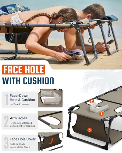 KingCamp Tanning Chair with Face Hole, Lounge Chairs Outdoor Folding Comfy Adjustable 5-Position Lay Flat Foldable Chaise Chaser Lounger for Outside Beach Patio Sun Bathing Pool, Beige - color: B*sunbask Face Hole——beige Face Hole, style: 400lbs&Pinch-Pro