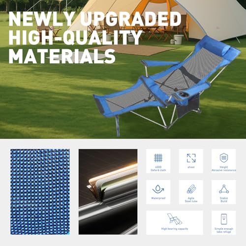 Reclining Folding Camping Chair with Removabel Footrest, Adjustable Folde Camping Chair with Foot Rest, Camp Lounge Outdoor Beach Chair, Mesh Reclining Design, with Pillow Cup Holder, Blue Mesh - color: Blue Mesh
