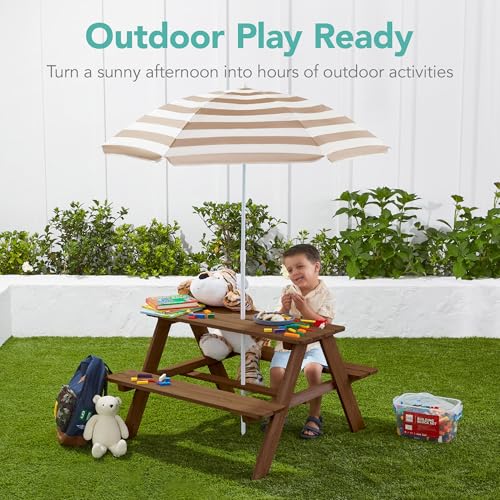 Best Choice Products Wooden Kids Picnic Table with Umbrella, Outdoor Activity Table Set with Built-in Benches, 220 lb Capacity per Bench - Walnut/Beige - color: Walnut/Beige