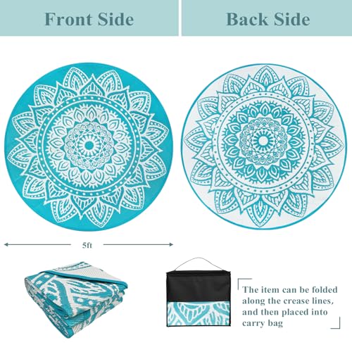 famibay Round Outdoor Rugs for Patios 5 Ft Round Outdoor Rug Waterproof Round Patio Rug Outdoor Plastic Straw Rug Lightweight Boho Outdoor Carpet Mats for Patio Backyard Camping Porch(Teal) - color: Teal, size: Round 5ft