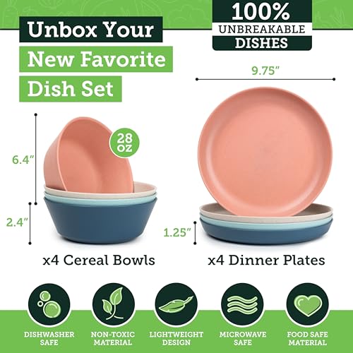 Grow Forward Premium Wheat Straw Plates and Bowls Sets - 8-Piece Wheat Straw Dinnerware Sets - Unbreakable & Reusable Microwave Safe Plastic Dinner Plates for Outdoors, RV, Camping Dishes - Tropical - color: Tropical