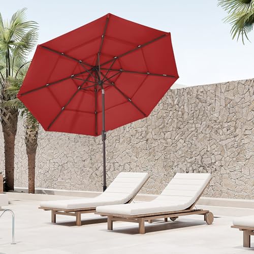 JEAREY 9FT 3 Tier Patio Umbrella Outdoor Market Umbrella Table Umbrellas with 8 Ribs 1.5 Pole Push Button Tilt and Crank UV Protection for Garden,Red - color: Red