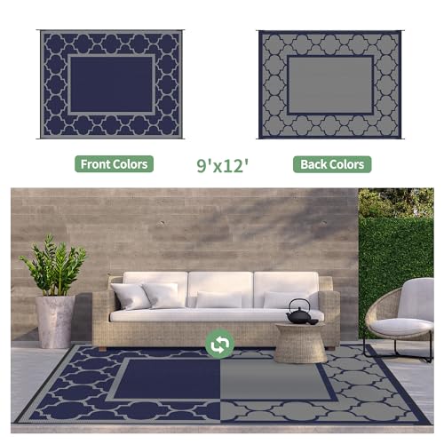 GENIMO Outdoor Rug 9' x 12' Patio Waterproof, Foldable Reversible Plastic Straw Area Rugs Mat for Camper Decor, Outside Carpet for Rv, Deck, Porch, Picnic, Beach, Balcony, Blue & Grey - color: Blue & Grey, size: 9' x 12' (Rectangular)
