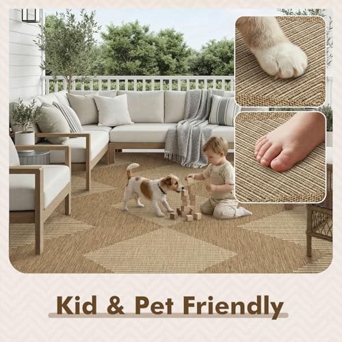 MontVoo-Outdoor Rug Carpet Patio Rug 4x6 ft Polypropylene Indoor Outdoor Rugs for Patio Deck Balcony Porch, Textured Weave, Durable for High Traffic, Fade-Resistant, Boho Geometric Neutral Brown - color: Brown Beige, size: 4' x 6' (Rectangular)