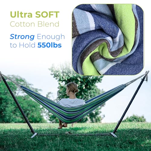 Backyard Expressions Double Camping Hammock with Steel Stand & Carrying Bag, Adjustable Height, Ultra Soft Cotton Blend, 550 lb Capacity, Indoor & Outdoor Portable Hammock - color: Verdant Bay