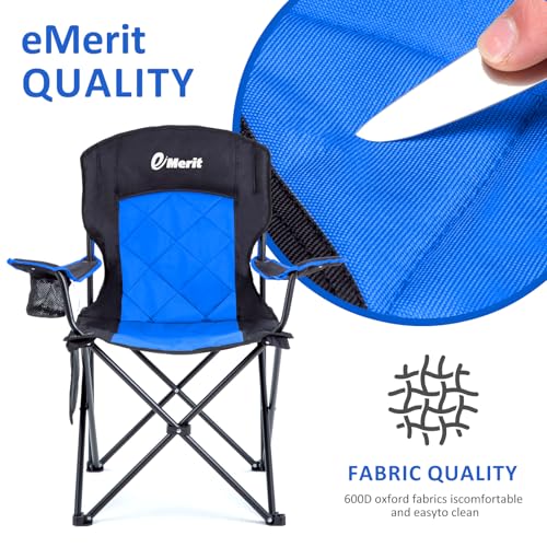 EMERIT 2 Pack Oversized Padded Camping Chair, 350LB Heavy Duty Quad Fold Chair with Arms, Collapsible Outdoor Chairs with Lumbar Back & Cup Holder - color: Blue（twin Pack)