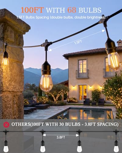 100FT S14 Outdoor String Lights, 64+4 Shatterproof Bulbs 2W, 1.5FT Spacing IP65 Waterproof| Dimmable with Remote, Heavy-Duty, Include Screw & Zip Ties for Patio Backyard Holiday Outside - size: 100 FT with 64+4 Bulbs (1.5FT Bulbs Apart)