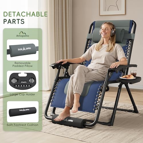 Amopatio Zero Gravity Reclining Patio Chair XL Foldable Lounge Chair with Removable Cup Holder/Headrest/Footrest 500LBS Capacity Portable for Outdoor Patio Pool Backyard,Blue-Gray - color: Blue-gray, style: 29in-1pc