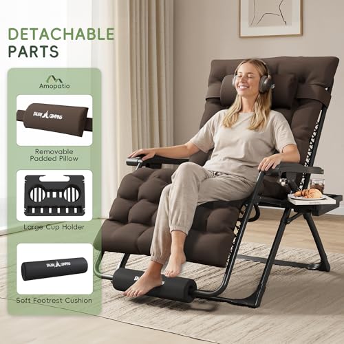 Amopatio Oversized Padded Zero Gravity Chair, XL 29In Reclining Camping Lounge Chair w/Removable Cushion&Headrest, Upgraded Lock and Footrest, Folding Patio Recliner for Indoor Outdoor, Charcoal - color: Charcoal XL, size: 29in
