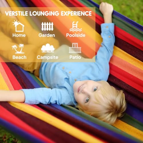 ANYOO Cotton Hammock Portable Camping Hammocks for Hanging Sturdy Garden Comfortable Fabric Hammock with Tree Straps Up to 660lbs with Travel Bag for Camping Outdoor/Indoor Patio Backyard - color: Rainbow