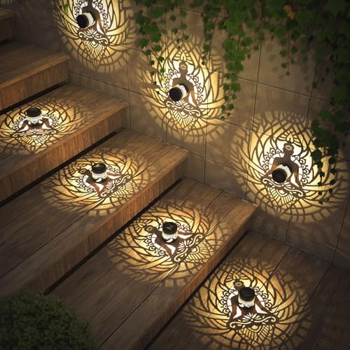 4 Pack Solar Fence Lights Metal Solar Powered Outdoor Wall Deck Step Lights Zen Theme Waterproof Fence Light for Garden Post Patio Backyard Yard Decor, Gardening Gifts for Women Mom Grandma - color: Zen, size: 4 Pack