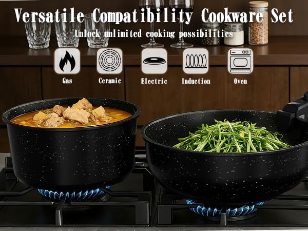 Umite Chef 21Pcs Pots and Pans Set Non Stick, Nonstick Cookware Sets Detachable Handle, Non Toxic Induction RV Kitchen Cooking Set, Dishwasher/Oven Safe, Fridge Safe, Space Saving(Black) - color: Black