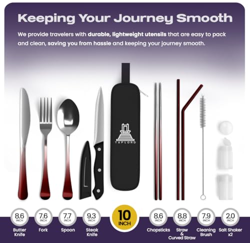 Taplord Portable Travel Silverware Set With Case - Includes 10 Pcs of Utensils, Stainless Steel Flatware For Camping, Easy to Travel, Lightweight (Red Two Tune) - color: Gradient Red, size: 10 Pieces