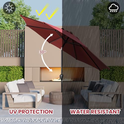 Sun-Ray 9' Round Patio Umbrella with Push-Button Tilt and Hand Crank Lift System, Market Umbrella for Porch, Deck, and Patio - color: Burgundy