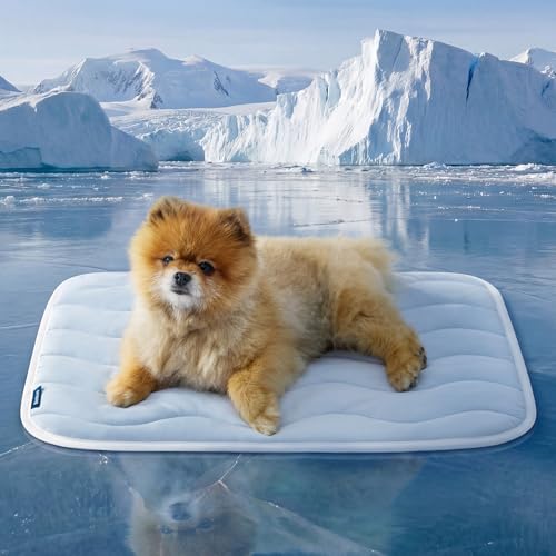 Bedsure Cooling Mat for Small Dogs - Q-Max>0.4 Thin Breathable Crate Pad Indoor for Puppy and Cat with Chill Cool Fiber and Non-Slip Bottom，Portable Washable Kennel Mat in Outdoor Summer, 24x18, Blue
