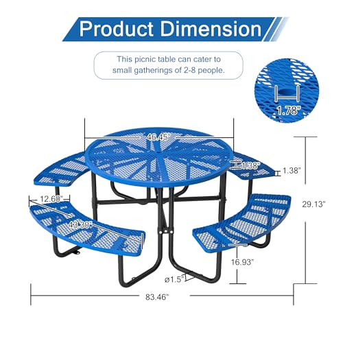 46-inch Blue Round Outdoor Picnic Table with Umbrella Hole Heavy Duty Coated Steel Metal Patio Dining Set for Garden, Courtyard, BBQ & Commercial Use - color: Blue-round