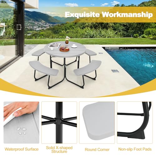 Tangkula 8 Person Picnic Table, Outdoor Round Picnic Table with 4 Built-in Benches, Umbrella Hole, Metal Frame & HDPE Tabletop, Outside Table and Bench Set for Backyard, 2300lbs Weight Capacity - color: Grey