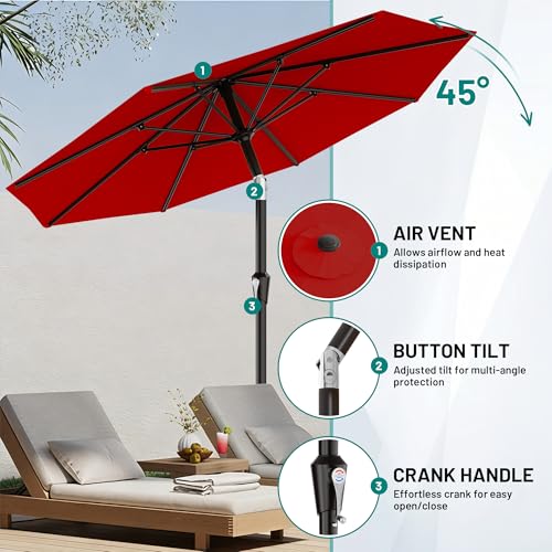 AreShark 9 FT Patio Umbrella for Outdoor, Outdoor Table Umbrella with Push Button Tilt and Crank, Outdoor Patio Umbrellas with 8 Sturdy Ribs for Market, Garden, Pool (Red) - color: Red, size: 9ft