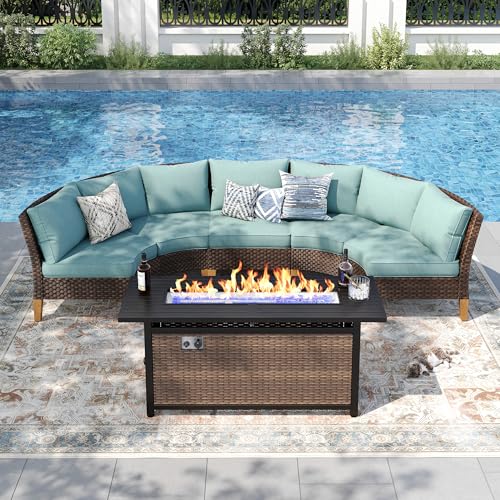 PHI VILLA Half Moon Patio Furniture Set with 56" Fire Pit Table, Outdoor Curved Wicker Sectional Sofa with Cushions and Ottomans, Aqua Blue - color: Aqua Blue+fire Pit, size: 5 Seats - Half Moon
