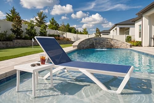 PURPLE LEAF Patio Chaise Lounge Chair Set Outside Aluminum Plastic Stackable Tanning Chairs with Side Table for Pool Sunbathing Beach Deck Outdoor Lounger, Navy Blue - color: Navy Blue, style: 1 chair + 1 table