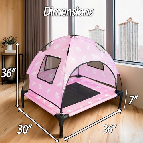 Elevated Covered Dog Bed - 36" x 36" x 30" - Dog Shade Canopy Lounger for Small & Large Dogs (Up to 110 lbs) - Portable & Durable - Cooling, UV & Water Resistant with Mesh Windows - Pastel Pink - color: Pastel Pink