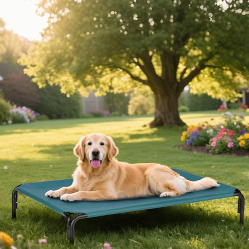 Elevated Dog Bed for Outdoor, XXXL Raised Dogs Cot with Washable Mesh, Cooling Pet Beds Chew Proof Dog Hammock, Metal Frame Lifted Platform for Training Outside Camping, 59 inch Green - color: Green, size: 59"L x 37"W x 9"Th