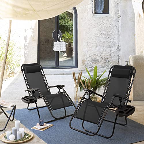 GUNJI Zero Gravity Chair Outdoor Lawn Folding Lounge Chairs Adjustable Reclining Patio Chairs Set of 2 with Cup Holder Lounge Gravity Chairs for Poolside, Backyard, Beach and Camping (Black) - color: Black