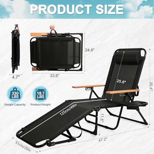 Outdoor Chaise Lounge Chair with 4-Position Adjustable Backrest, Patio Folding Sun Tanning Chair, Pillow & Cup Holder, Portable Recliner Sunbathing Lounger Chairs for Pool Beach Lawn Garden (Black) - color: Black