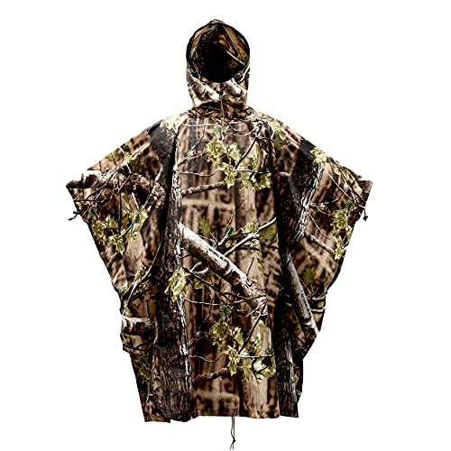 AUSCAMOTEK Camouflage Rain Poncho Hooded Waterproof Camo Raincoat with Blind Pattern for Hunting Hiking Camping Fishing - color: Woodland-green