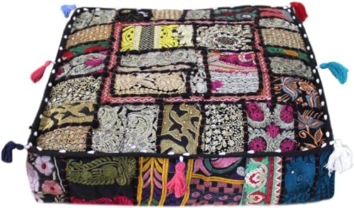 Mam Treasures Indian Bohemian Decorative Pillow Vintage Cushion Cover Patchwork Square Floor Pillow Cover Meditation Cushion Large Floor Pillow Indian Cushion (Black, 18 X 18 X 5 Inch) - color: Black, size: 18" x 18" (Pack of 1)