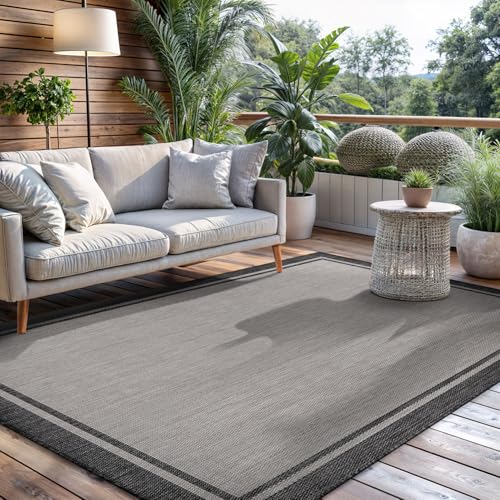 CAMILSON Indoor Outdoor Rug, 10x14 Bordered Gray Modern Area Rugs for Large Indoor and Outdoor Patios, Kitchen and Hallway Mats, Washable Porch Deck Outside Carpet (Bordered Grey, 10 x 14) - color: Bordered Grey, size: 10' x 14' (Rectangular)
