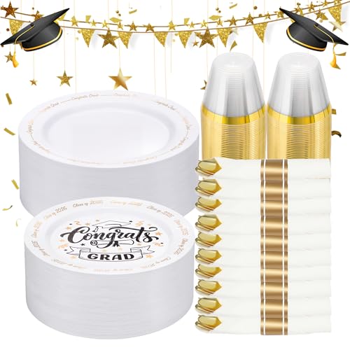 Goodluck 350 Piece Graduation Gold Plastic Dinnerware Set for 50 Guests, Congrats Grad Disposable Plates Include: 50 Dinner Plates, 50 Dessert Plates, 50 Cups, 50 Pre Rolled Napkins with Silverware - color: White, style: 350 Piece (50 guests)