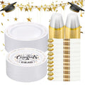 Goodluck 350 Piece Graduation Gold Plastic Dinnerware Set for 50 Guests, Congrats Grad Disposable Plates Include: 50 Dinner Plates, 50 Dessert Plates, 50 Cups, 50 Pre Rolled Napkins with Silverware - color: White, style: 350 Piece (50 guests)
