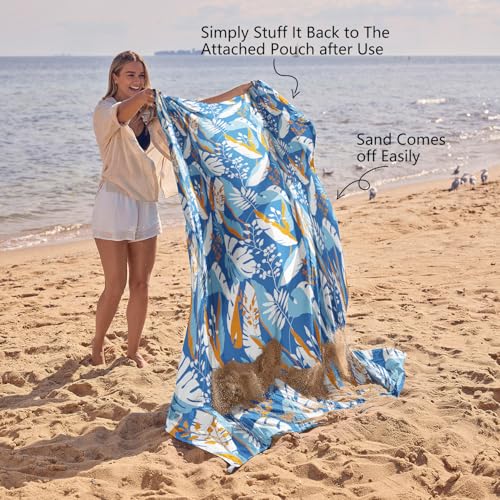 WEKAPO Beach Blanket Waterproof Sandproof Oversized, Extra Large Beach Mat Sand Free, Lightweight & Compact Sand Free Mat with 5 Stakes & 4 Corner Pockets - color: Sea Leaves, size: 9 x 8 FT (1～6 person)