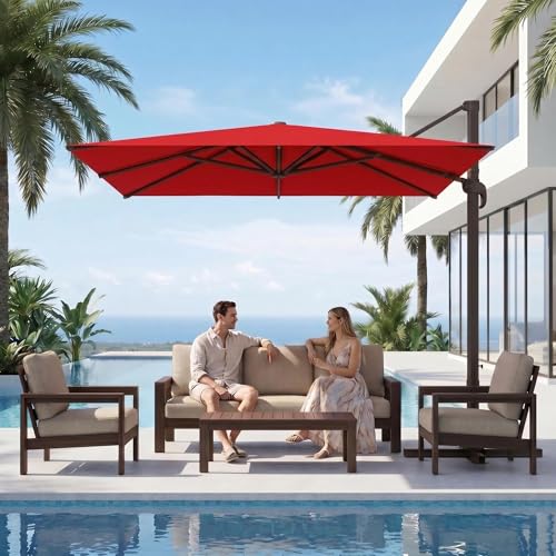 Kingdura 10' X 10' Cantilever Patio Umbrella, Large Square Aluminum Outdoor Offset Umbrella with 360-degree Rotation, 4 Position Tilt, UV Protection for Pool Deck Garden Patio (Red) - color: Red, size: 10x10 FT (No Base)