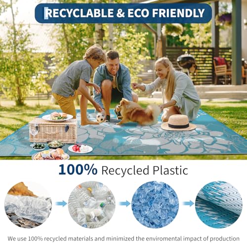 GarveeHome Outdoor Rug for Patio Clearance 9x12 Reversible Outdoor Plastic Straw Rug Tropics Floral Patio Rugs Indoor Outdoor Carpet RV Mat for Deck Backyard Patio RV Camping Beach, Light Blue - color: Floral|light Blue, size: 9' x 12' (Rectangular)