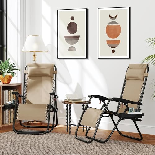 Yaheetech Zero Gravity Recliners Outdoor Adjustable Folding Reclining Lounge Chairs w/Pillows, Cup Holder Trays and Carry Strap for Patio Backyard Beach Beige Set of 2 - color: Beige