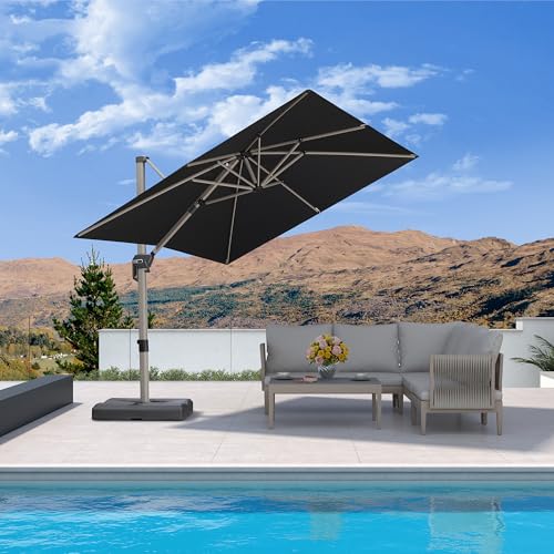 PURPLE LEAF 8’ X 8‘ Patio Umbrella Outdoor Cantilever Umbrella, Aluminum Offset Umbrella with Champagne Frame and 360° Rotation for Pool Deck Garden, Black - color: Black, size: 8' x 8'