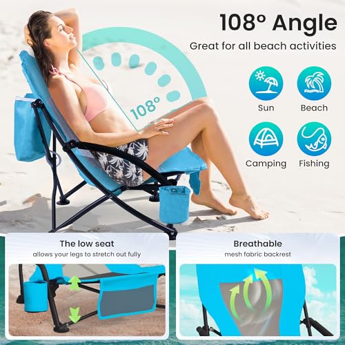 Portable Folding Beach Chair with Cooler Bag for Adults - Lightweight Low Back Sling Chair with Cup Holder & Storage Pocket (Blue w/Cooler, 2 pcs) - color: Blue W/ Cooler, size: 2 pcs