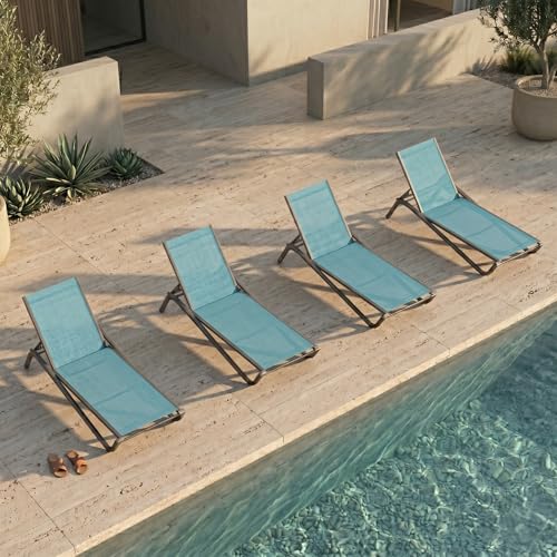 Patio Chaise Lounge Chairs Set of 4, All-Weather Aluminum Pool Loungers for Outside, 5-Position Adjustable Sunbathing Chairs for Tanning, Stackable for Backyard, Poolside, Sky Blue - color: Sky Blue, size: Set of 4