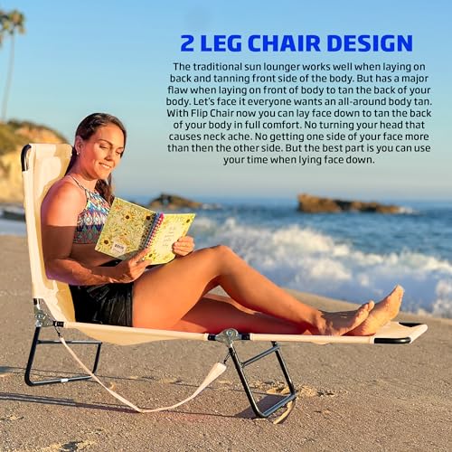 EASYGO PRODUCTS Pool Chair Chaise Lounge 2 Legs Support Polyester Material Reclining Backrest Head Rest Pillow Great for Beach, Home, Backyard, Outdoor, Patio, Pool, Camping, Lawn or Deck Color TAN - color: Ecochair-tan