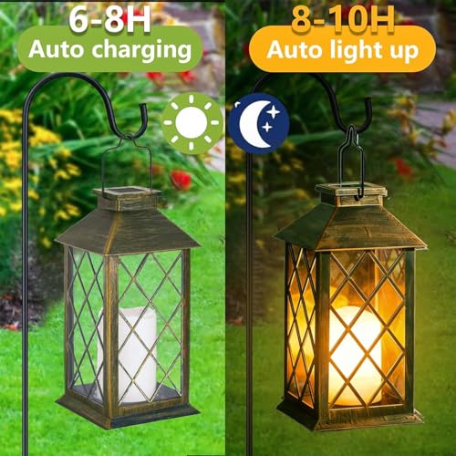 Solar Lanterns Outdoor Waterproof, 2 Pack 9" Glass Hanging Solar Lights with Flickering Flameless Candle, Outdoor Lanterns for Patio Wall Porch Table Garden Yard, Gift for Women Mom - Bronze - size: Bronze 9"